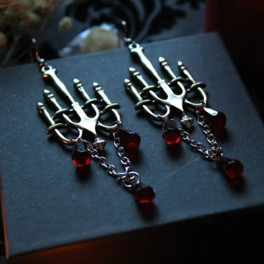 Gothic Personality Candlestick Red Crystal Tassel Dangle Earrings for Women Gothic Dark Style Castle Halloween Aesthetic Jewelry