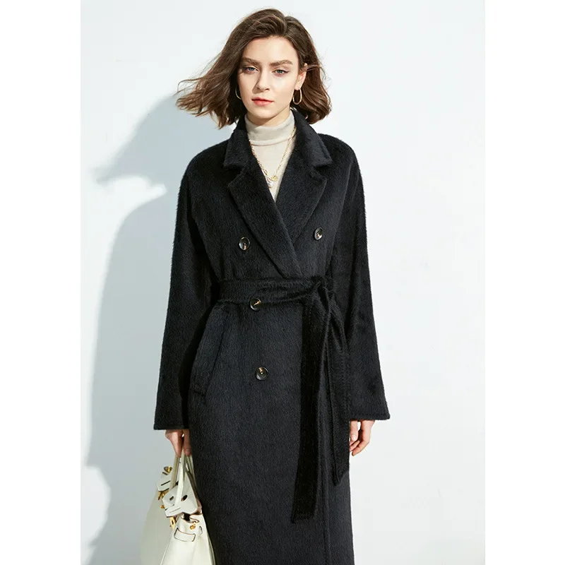 Heavy 40 Suli alpaca hair 60 woolen coat women's autumn and winter thickened long black coat