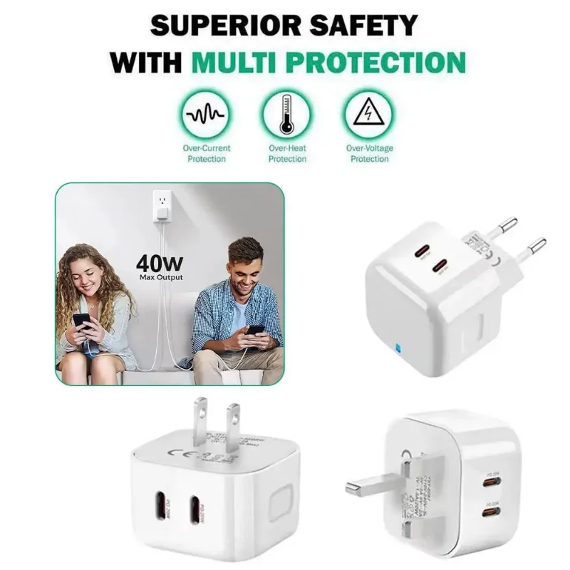 40W Dual USB C  Type c PD Wall Charger Fast Quick Charging Power Adapters For Ipad 2 3 4 IPhone 11 12 13 14 15 Xiaomi Huawei