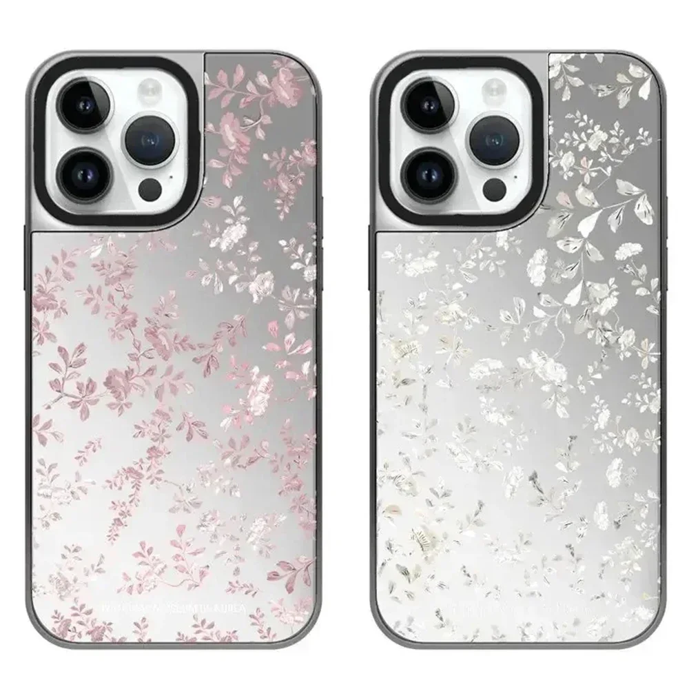 

Electroplated Silver Border Korean Museum Flower Pattern iPhone 12 13 14 15 Pro Max Protective Case