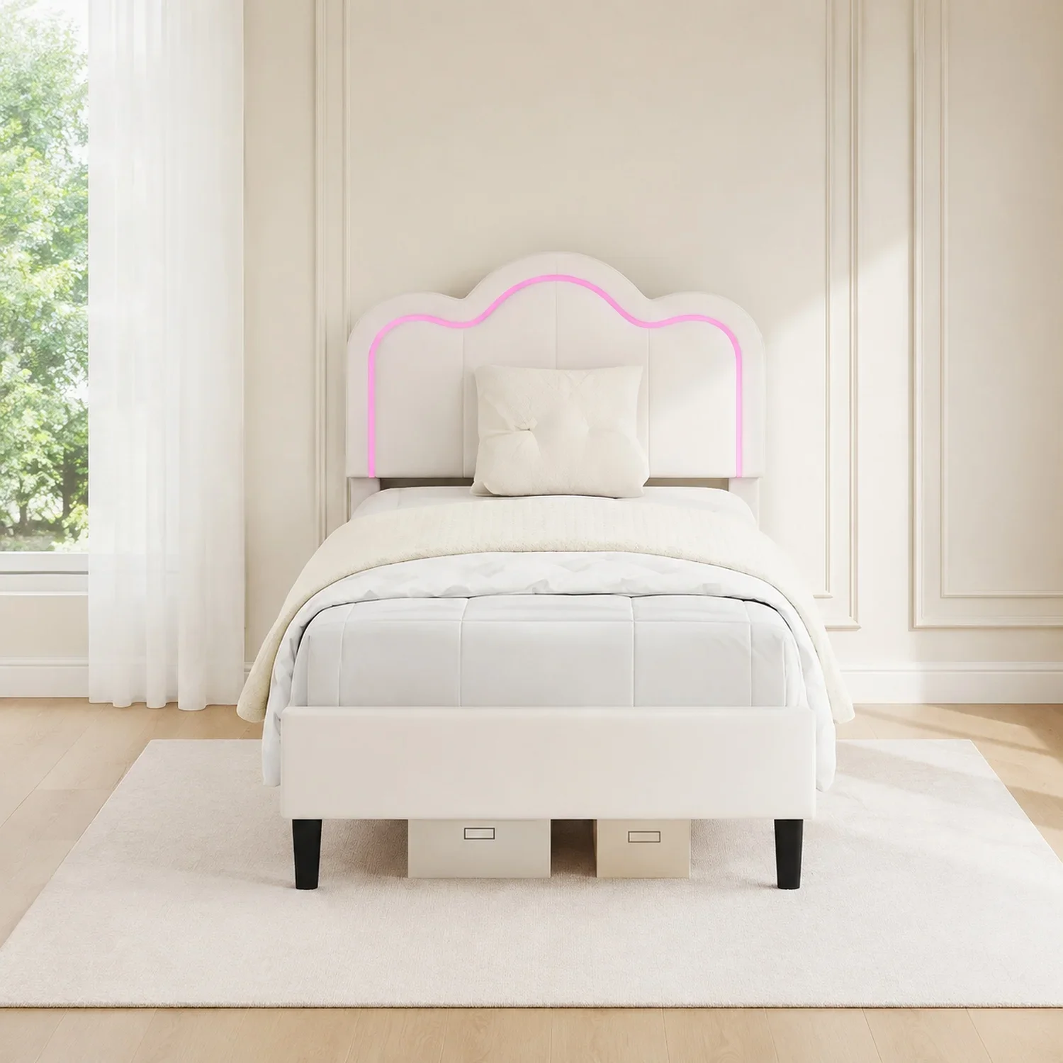 USA Stock Twin Size Bed Frame For Kids With Led& Adjustable Headboard | Princess Bed Frame With Soft Velvet Fabric, Solid Wood S