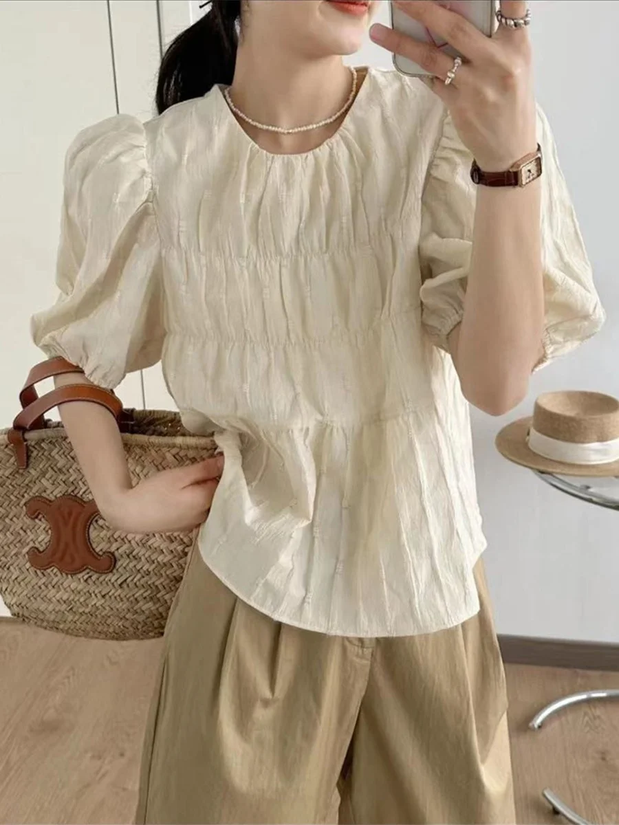 

Casual Sle Women's Bubble Sve irt Summer New plus Size Slimming ort Sve Folded Hem Collar Straight Cut Top