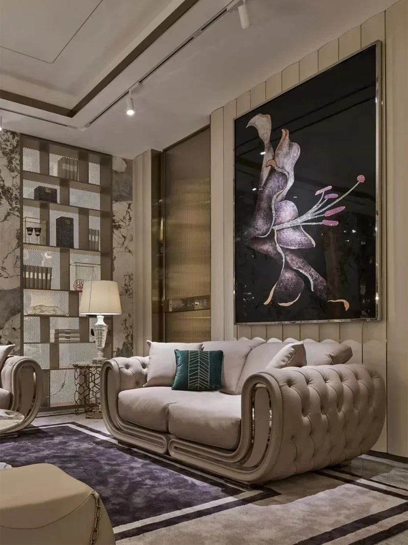 Italian leather pull button sofa modern simple luxury villa living room light luxury high-end furniture coffee table