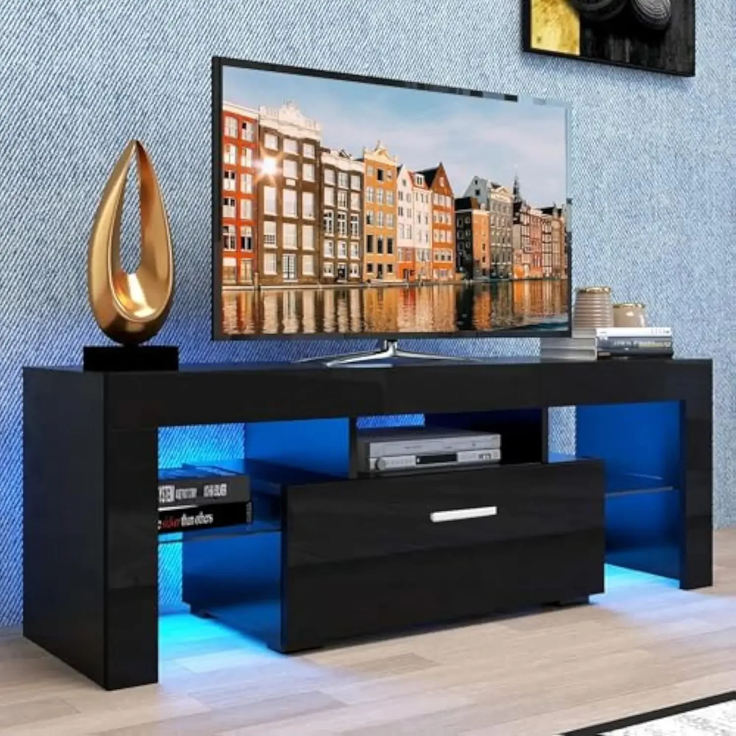 Modern TV Stand with 16 Colors LED Light for TV up to 70 Inches High Glossy Cabinet Media Storage Entertainment Center Console T