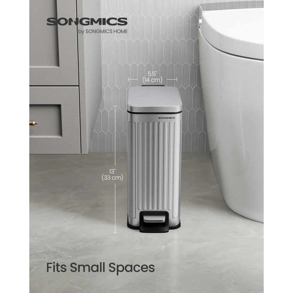 

SONGMICS Bathroom Trash Can, Gallon Bin With Lid, Slim For Small Spaces, Stainless Steel Garbage Can, Soft Clos