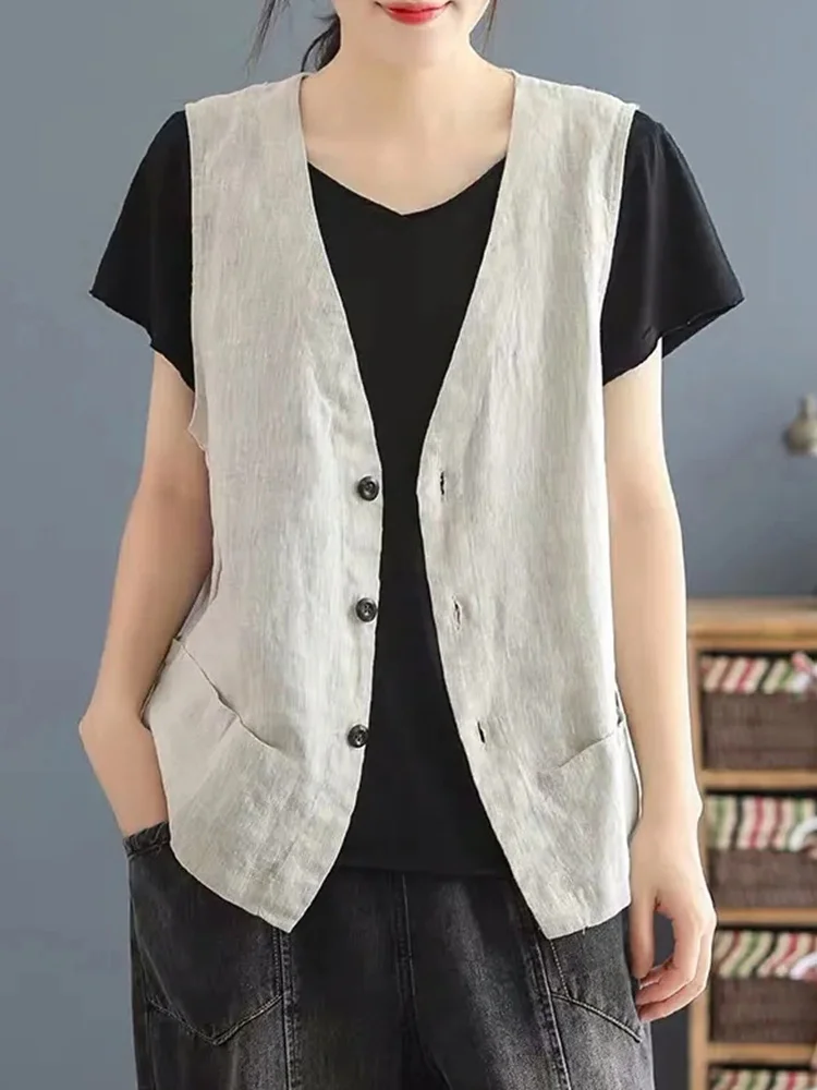 

Casual Japanese Sle Linen Ladies Vest Svel Lightweight Cotton Linen Tank Top Pure Color Commute Sle Button Detail