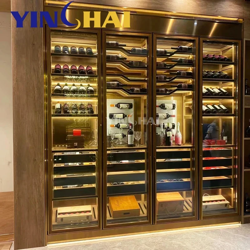 custom.Guangdong Custom Luxury High Gloss Stainless Steel Constant Temperature Wine Cabinet Restaurant Wine Cabinet Wine bar Cab