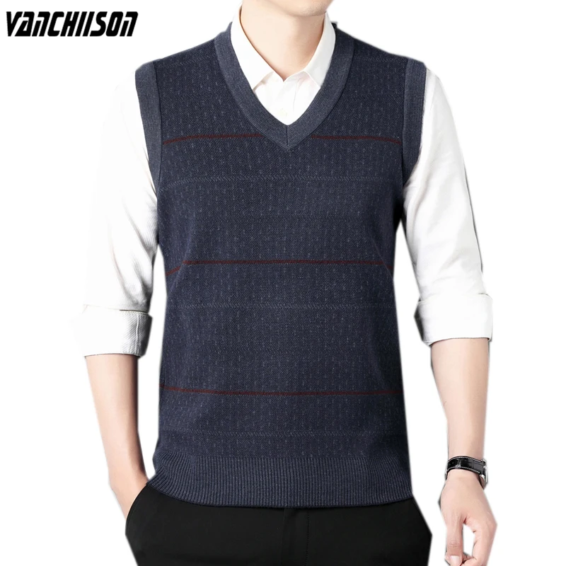 

Men Wool Knit Jumper Tank Sweater Tops Sleeveless Retro Vintage V Neck Basic Thick for Autumn Winter Male Fashion 00238