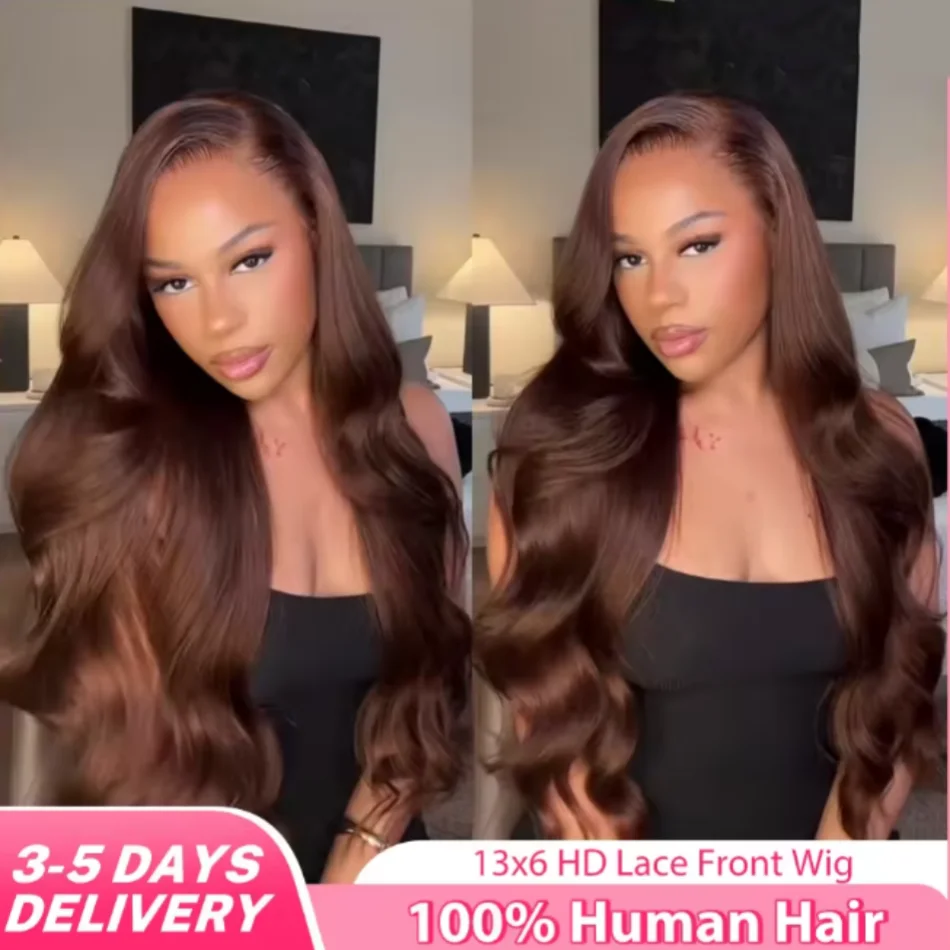 

Шоколадно-коричневый 13x6 HD Парик фронта шнурка Бесклеевая объемная волна 13x4 Прозрачный парик фронтальной части шнурка Цветные парики из человеческих волос Предварительно выщипанные