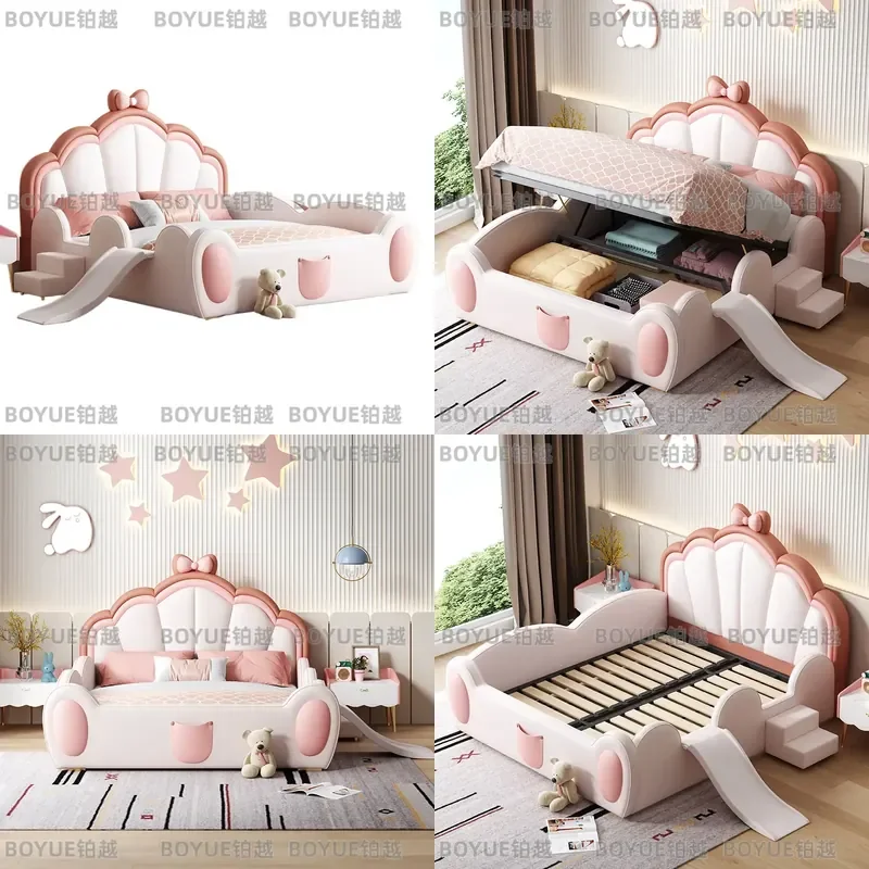 Pink Princess Bed for Girls with Slide Solid Wood Single Bed Soft Upholstered Guardrail Kids Bedroom Furniture Simple Design
