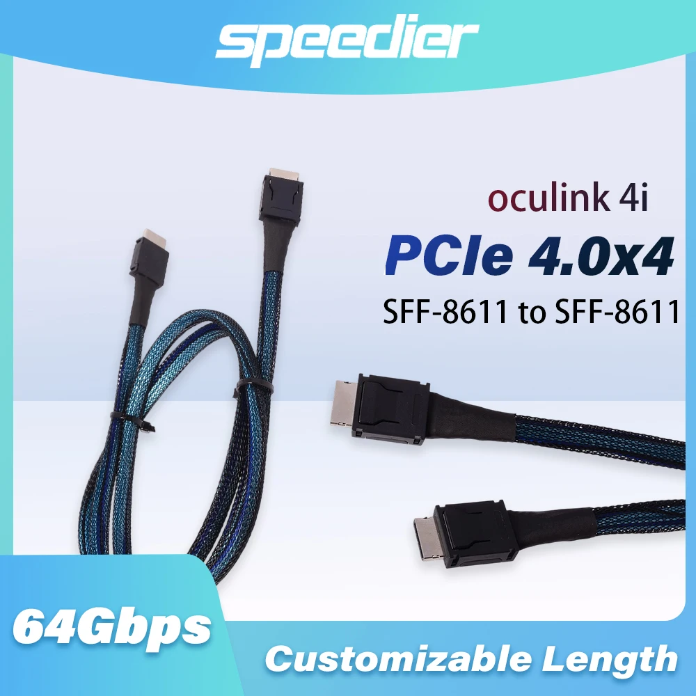 PCIE 4.0 X4 Oculink 4i SFF-8611 To SFF8611 Braided Soft Adapter Cable GEN4 64Gbps for GPU SSD OCuLink 4X Silver-Plated Wire 1m