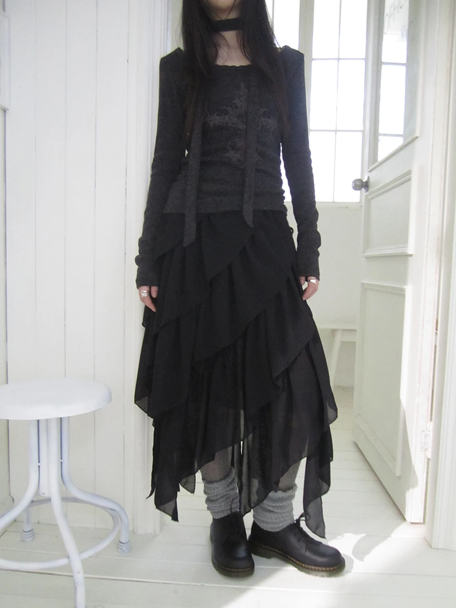 

New Arrival Korean Sle Light Semi-Formal Asymmetrical Chiffon A-Line Skirt Pure Color Midi Skirt for Women Casual Wear