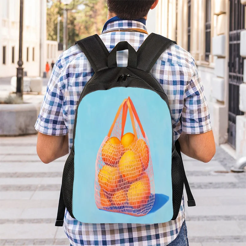 

1 orange printed backpack with mesh fruit basket design and adjustable shoulder straps - Lightweight polyester school bag