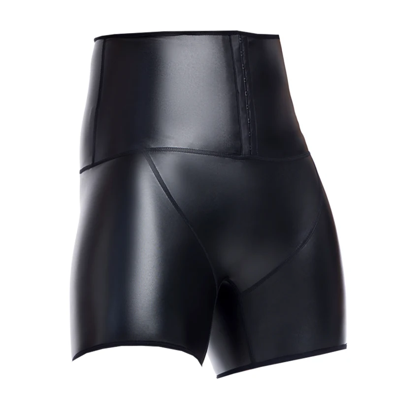 Men trend elastic shapers leather shorts, glossy finish, slimming, with 3 hooks, motorcycle, windproof and waterproof tight pant