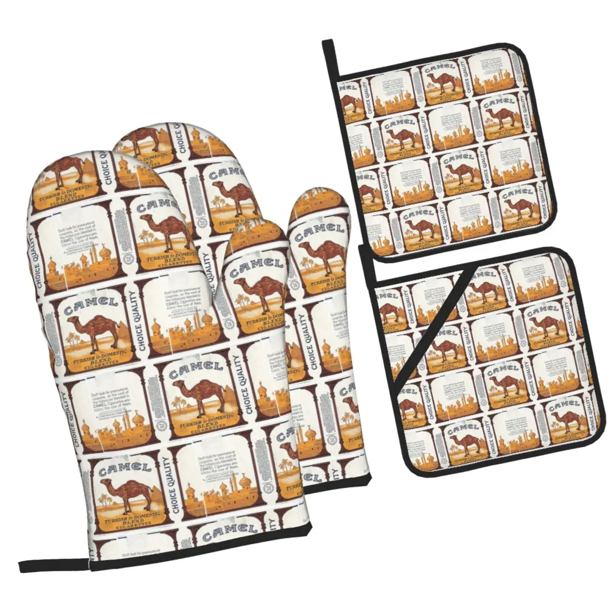 Vintage Camel Cigarette Pack Oven Mitts and Pot Holder Sets of 4 for Baking Kitchen Cooking BBQ Resistant Non-Slip Gloves