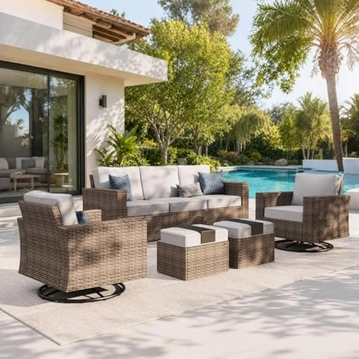5-Piece Outdoor Seating Ensemble Featuring Extra-Wide Armrests Deep Cushioned Seats Weatherproof PE Rattan Construction Dual-Fun