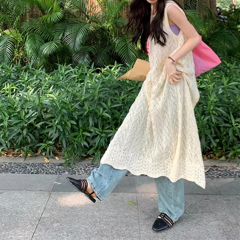 새로운 우아한 속이 빈 자외선 차단 니트 가디건 스웨터 여름 우아한 단색 여성 민소매 롱 스목