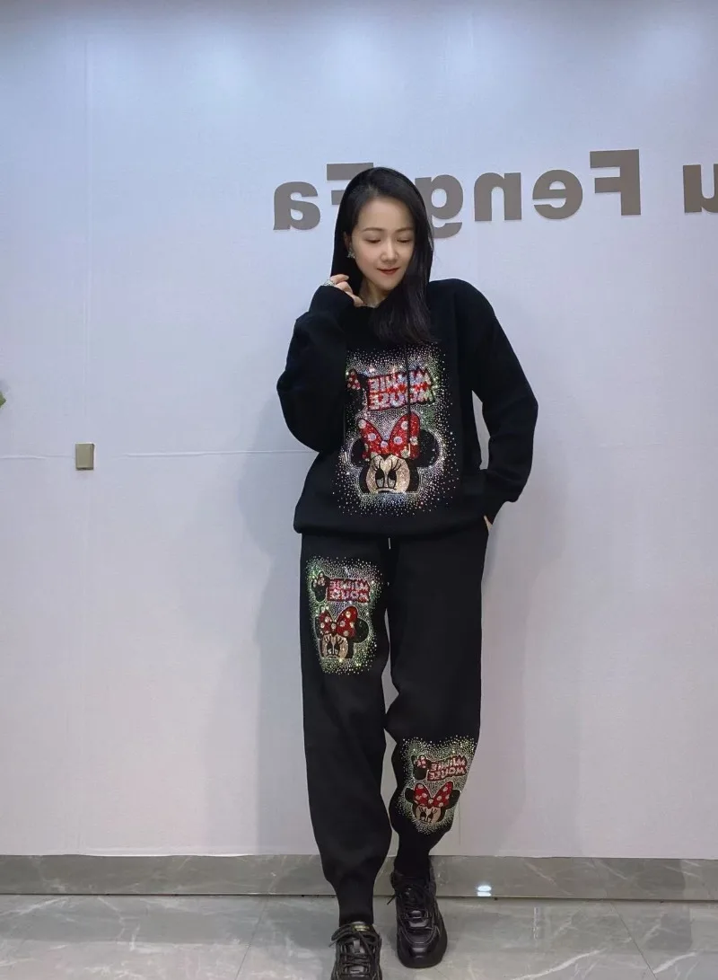 Autumn New Arrivals Casual Knitted Hooded Long Sleeved Top And Jogger Pants Two-Piece Set For Women's Rhinestones Long Trousers