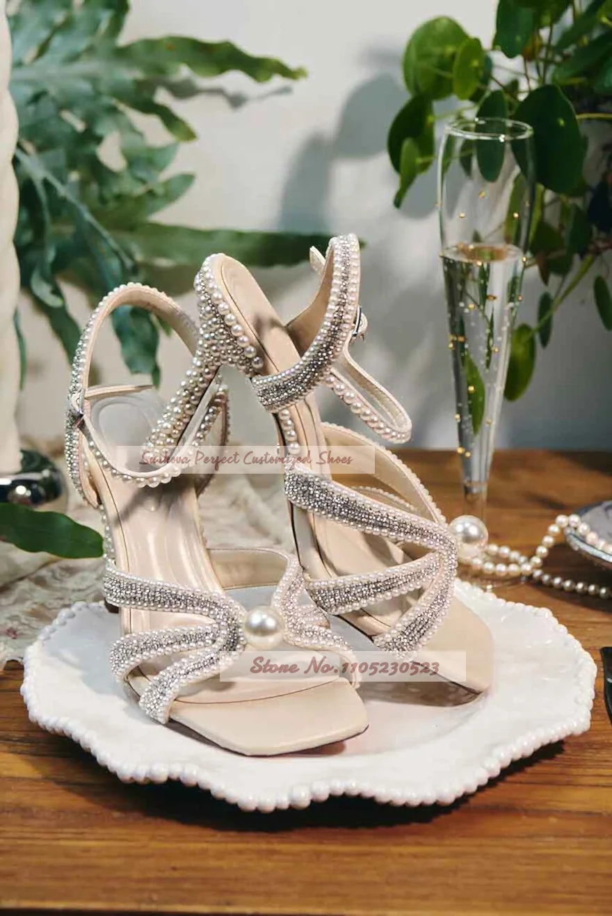 Women Ivory Pearl Rhinestone High Heel Sandals Square Open Toe Ankle Strap Slingback Stiletto Bridal Wedding Party Shoes