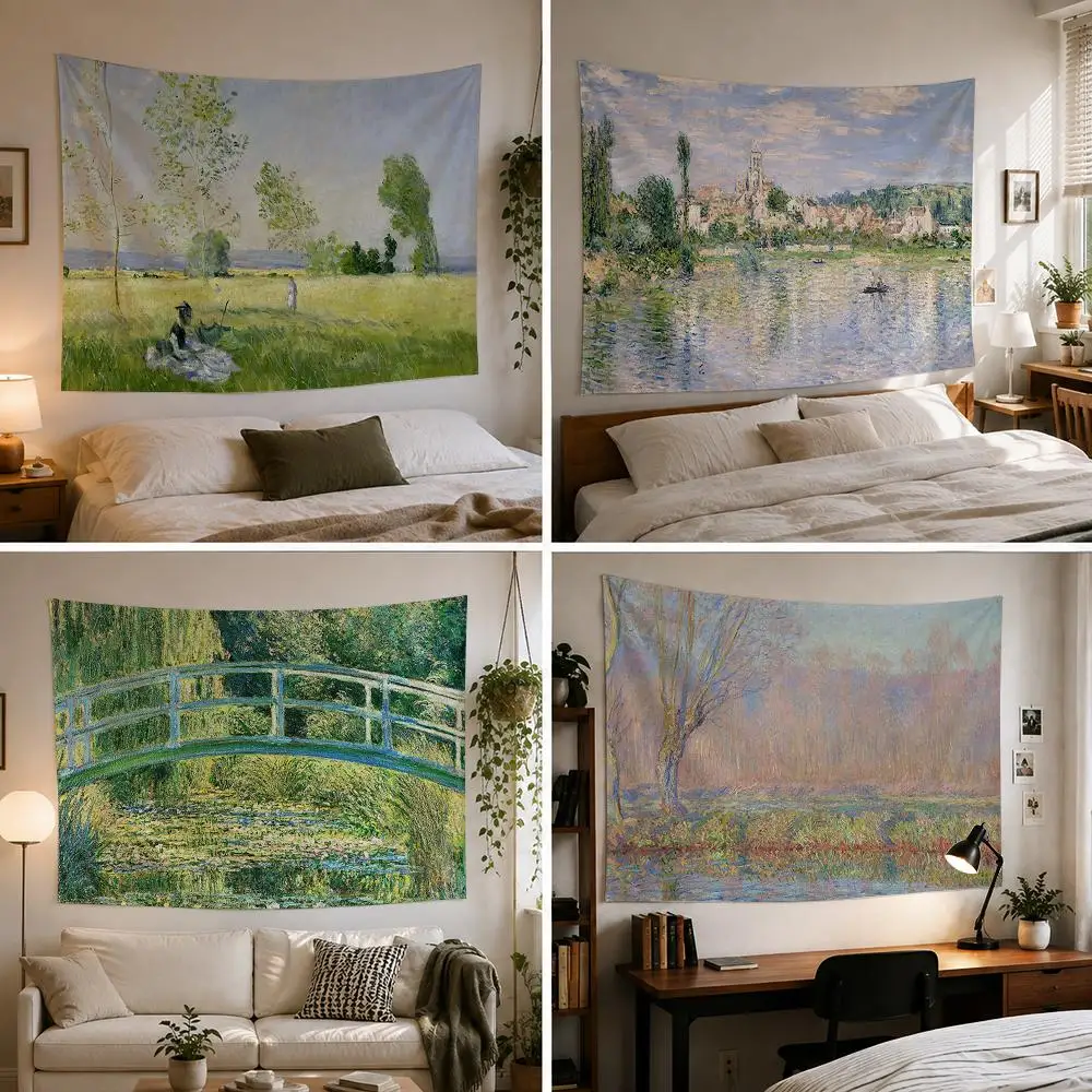 C-Claude MonetS Art Tapestry Custom Living Bedroom Party Dormitory Interior Wall Bohemian Decoration Attached Clip