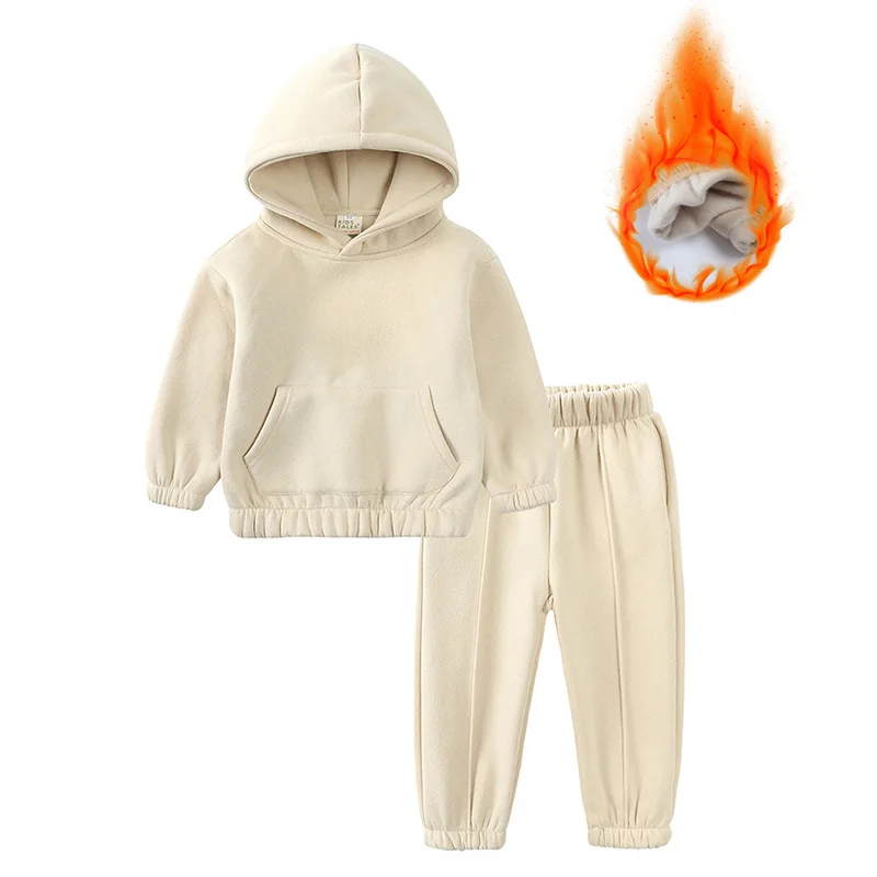 Children Fleece Winter Outfit Toddler Cotton Solid Hoodies Pullover Sweatshirt Pants Tracksuit Set Kids Boy Girl Warm Sweatsuits