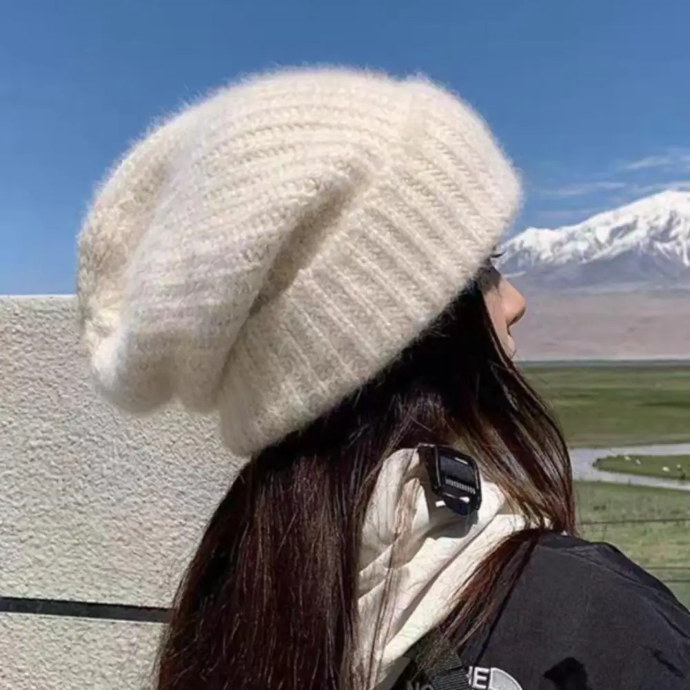 Female Faux Rabbit Fur Knitted Beanie Caps Winter Warm Thick Soft Hat Female Fluffy Plush Bonnet Cap