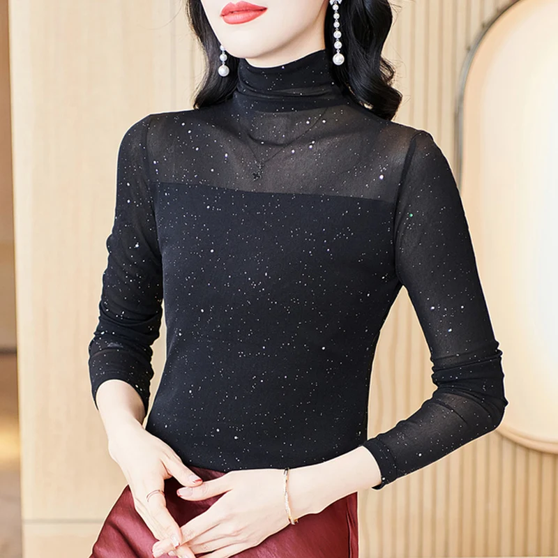 

2025 Autumn Winter High Neck Long Sleeved T-shirt Sexy Bright Silk Mesh Tops Fashion Long Sleeve Black Bottom Shirt