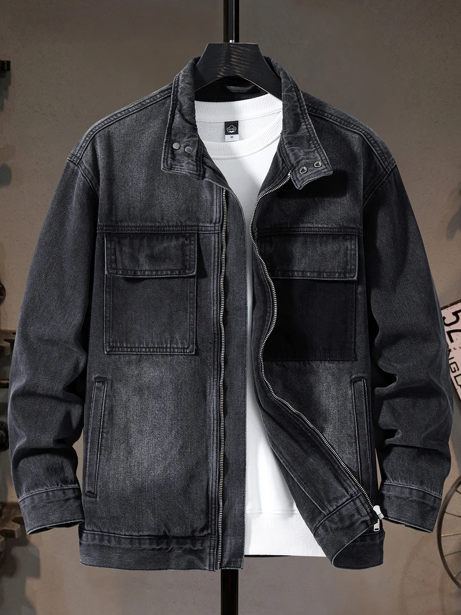 

Faionable Zipper Collar Workwear Denim Jaet Men's New 2025 American Retro Motorcycle Casual Jaet Trendy Street Sle