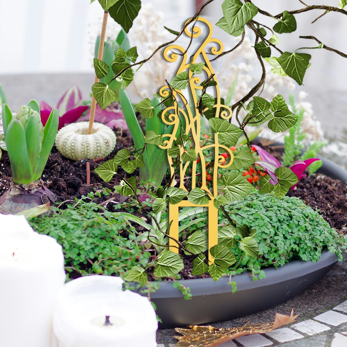 Plant Support Stake - โครงเหล็กสำหรับต้นไม้ในกระถาง สไตล์เรียบง่าย สำหรับตกแต่งสวนและระเบียง ใช้เป็นเสาค้ำดอกไม้ ทนทาน สีทอง/ดำ