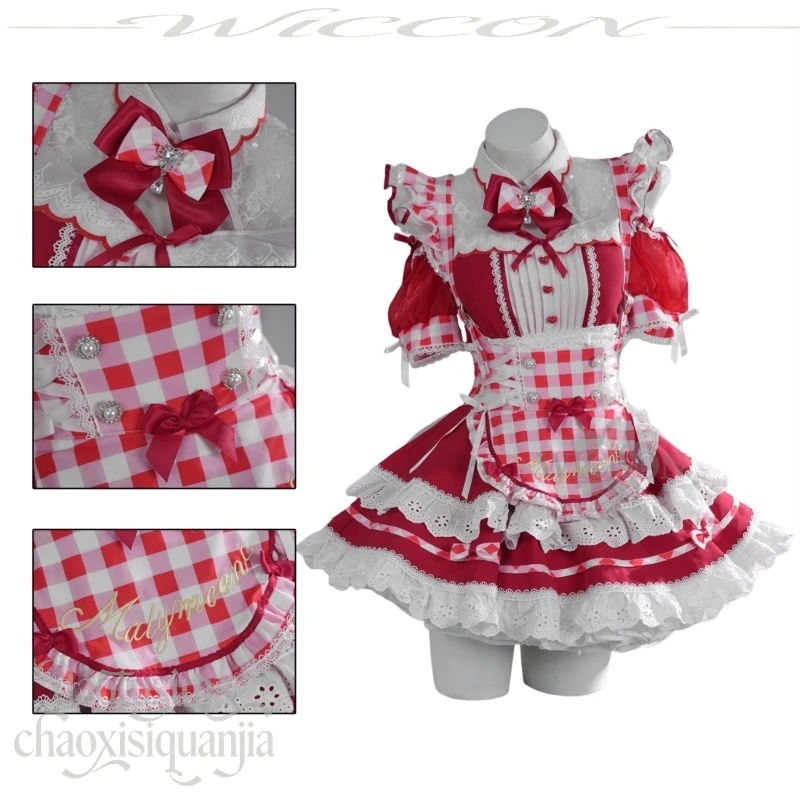 Red Heart Plaid Cat Maid Cosplay Anime Japanese Jirai Kei Gyaru Decora Styles Fashion Kawaii Dress Cute Lovely Sweet Lolita Cos - view 5