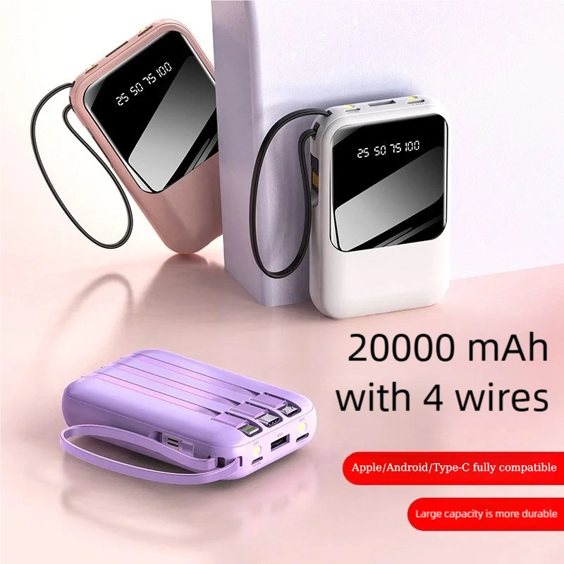 

20000mAh Mini Power Library Cute Portable Charger with Cables Fast Charging Compact External Battery for IPhone Samsung Huawei