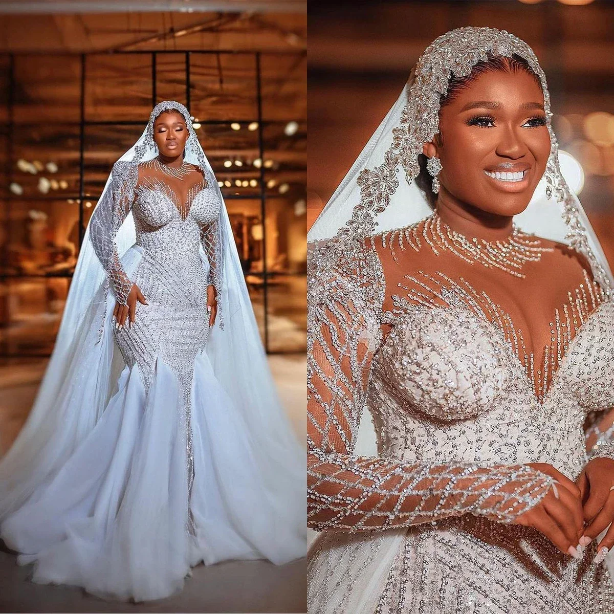 Angepasst Luxus Meerjungfrau Brautkleider Schwarze Mädchen Illusion Jewel Neck Kristall Perlen Rüschen Zug Braut Kleider Vestidos De