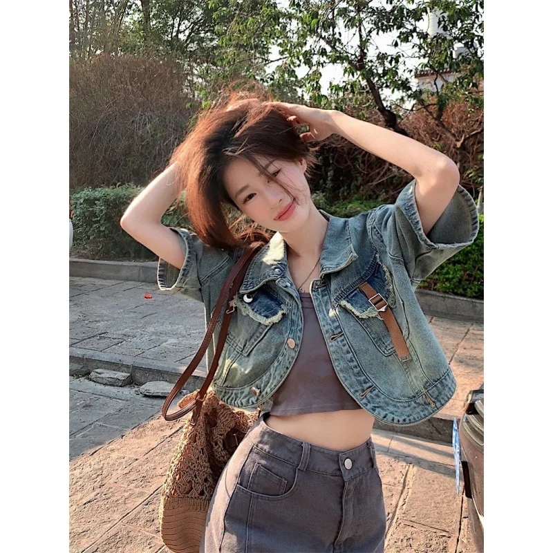 

Spring and Summer Jackets for Women Sense of Design T-shirt Cowboy Loose and Comfortable Thin Versatile Lapel Korean Version
