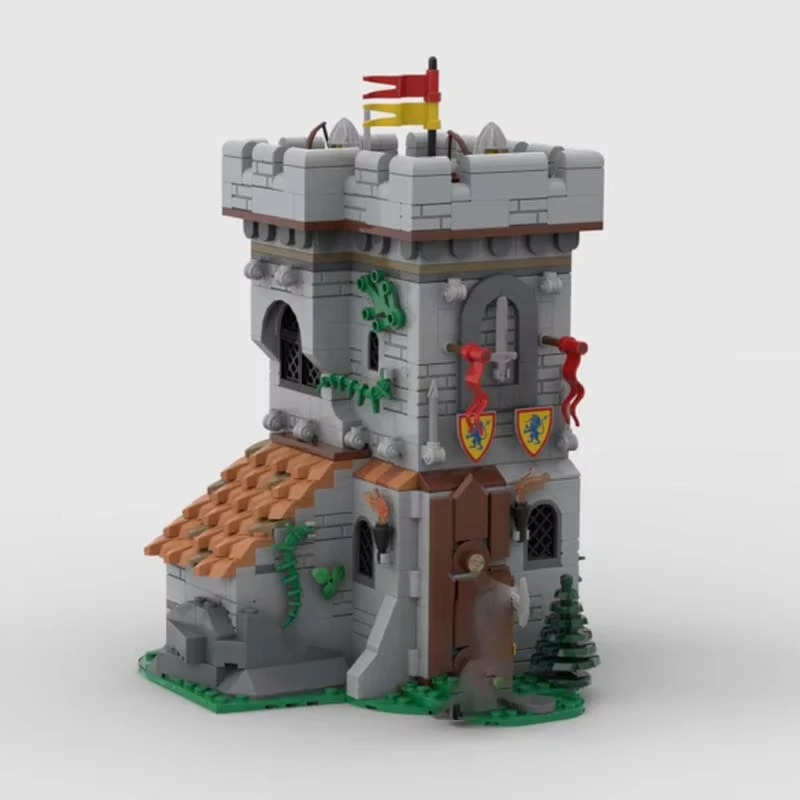 712 ELEMENTÓW MOC średniowieczny zamek budowlany leżakujący rycerz z lewem stanowisko obrotnicze model DIY zestaw klocków zabawki prezent urodzinowy dla dzieci