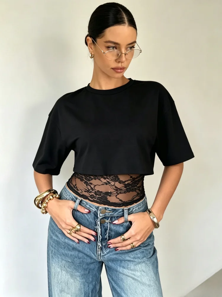 Y2K Sweet Crew Neck Half Sleeve Cropped Tee, Side Slit Cuff Floral Sheer Lace Cinched Waist Faux Two Piece Street Women Top