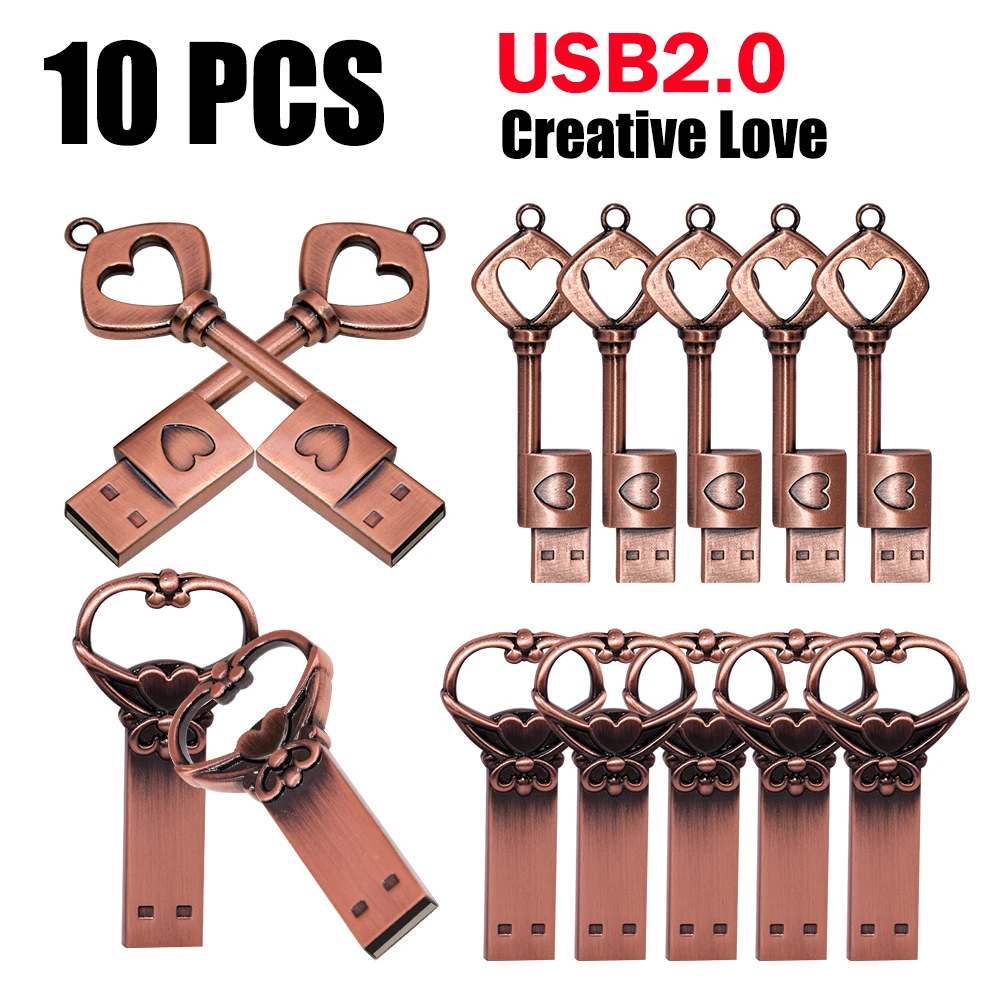 

10 шт. LOT Pen Drive 128 ГБ Love Shape Key Memoria USB 64 ГБ Ретро-стиль USB-флеш-накопитель Креативный подарок 32 ГБ Мини-накопитель 16 ГБ
