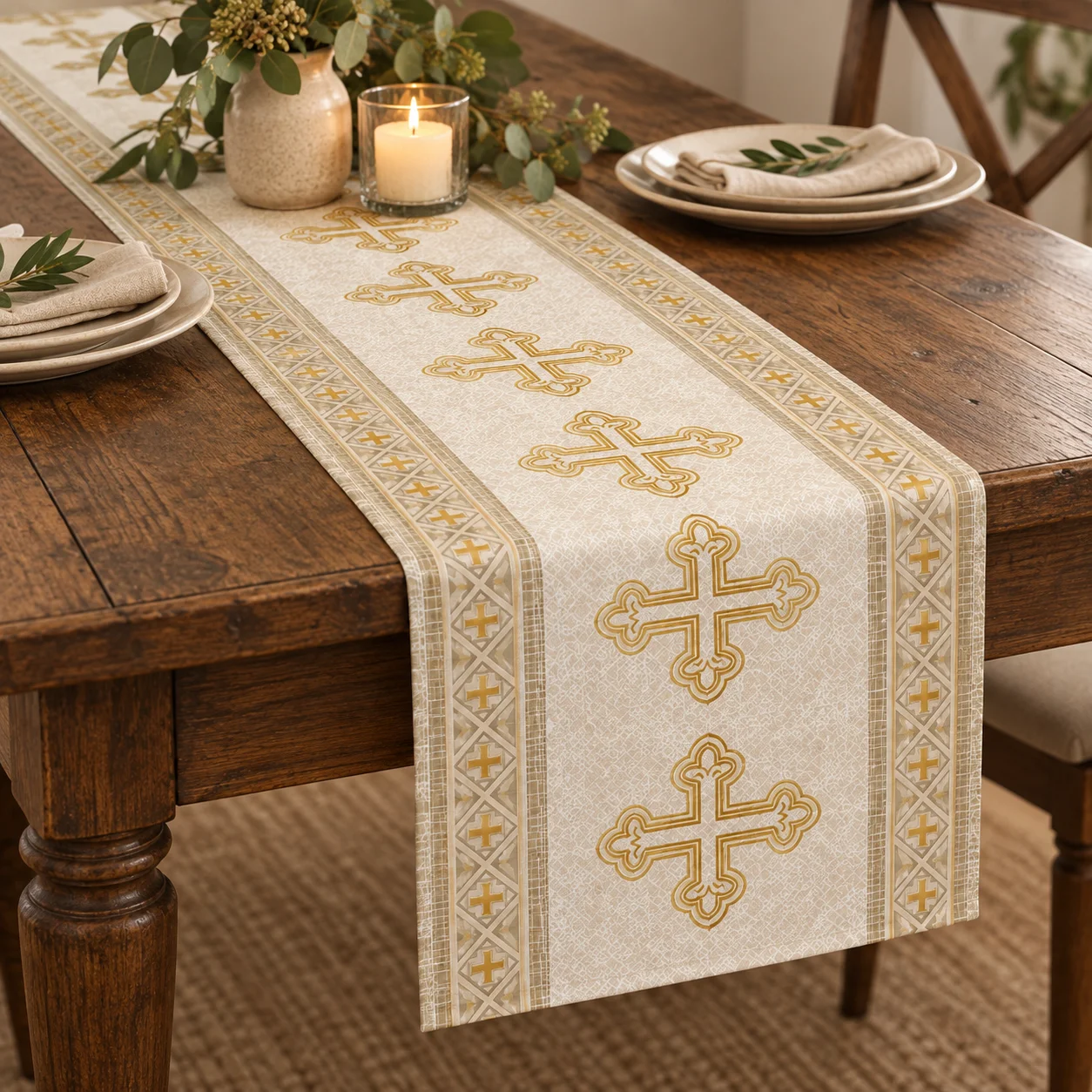 Autumn Garden Table Runner 1pc, Golden Cross Pattern Print, Kitchen Home Goods, Perfect for Thanksgiving Family Gathering
