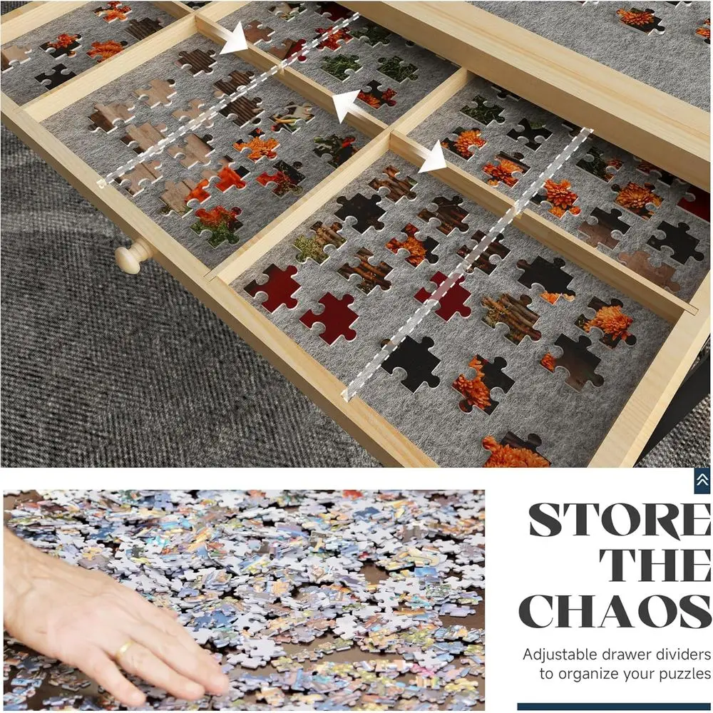 Adults Jigsaw Puzzle Table: 2000-Piece Capacity, Adjustable Tilt and Height, Wooden Board with Support Bar and Wheels