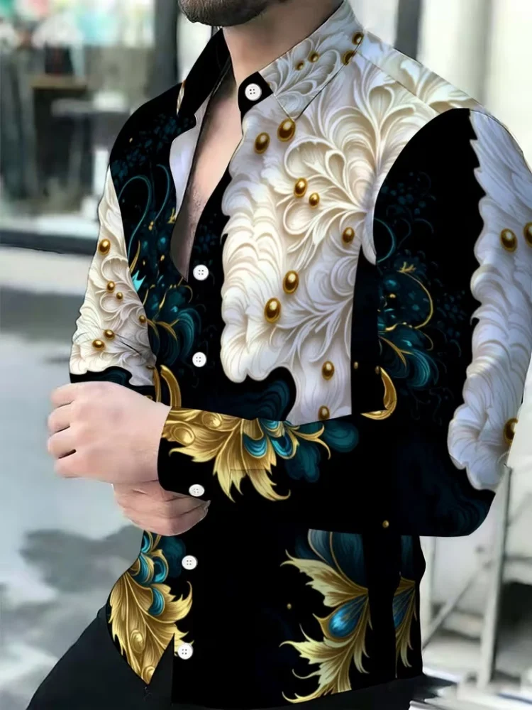 Men's long sleeved lapel shirt with contrasting colors, gold-plated retro floral round bead print, fashionable casual loose top