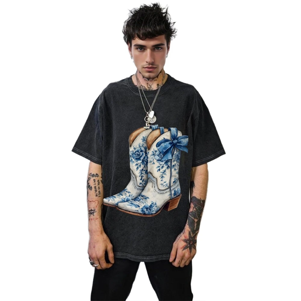 

Женская футболка с графическим рисунком в стиле Y2K, черные, синие ковбойские сапоги с цветочным принтом, свободный крой, повседневные футболки с графикой для прогулок в готическом стиле
