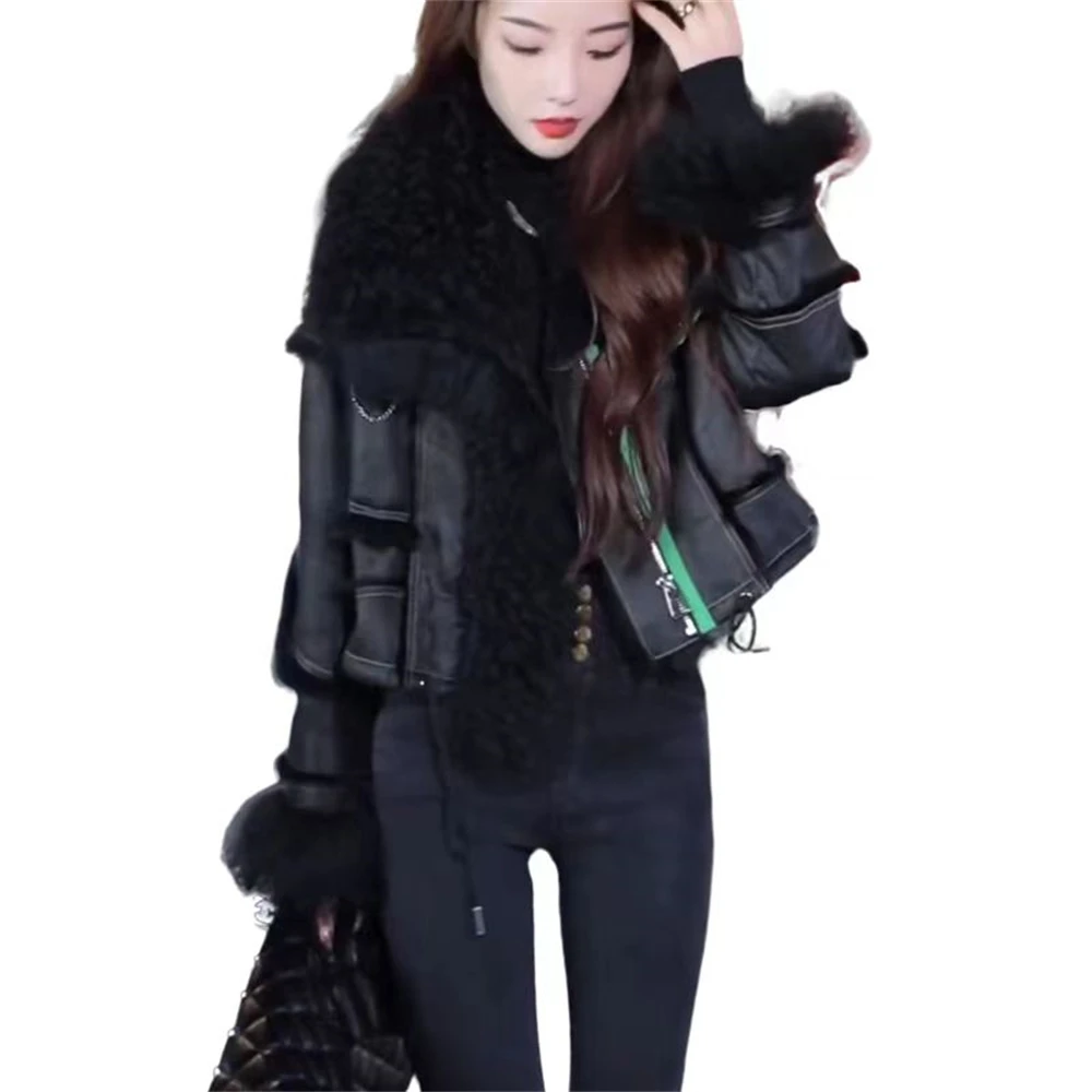 2024 Winter Jacket Lamb Fur Lapel Long Sleeve Liner Furry Thickened Faux Fur Integrated Cotton-Padded Coat Streetwear Warm Coat