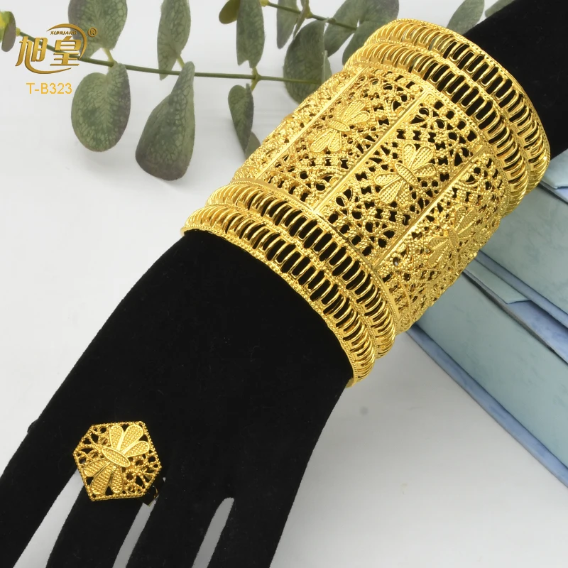XUHUANG Dubai Ethiopia 24K Gold Color Hollow Bangle With Ring For Women Arabic Luxury Charm Copper Bangles Party Jewelry Gifts