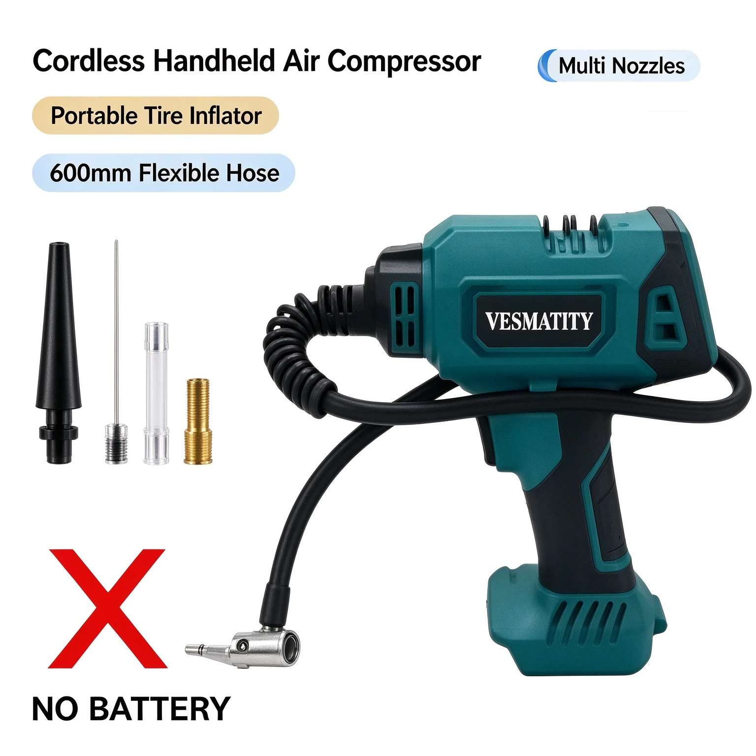 Electric Air Compressor Handheld Cordless Air Pump 600mm Hose Multi Nozzle for Car Motorcycle Inflatable Bed Fit 18V Battery