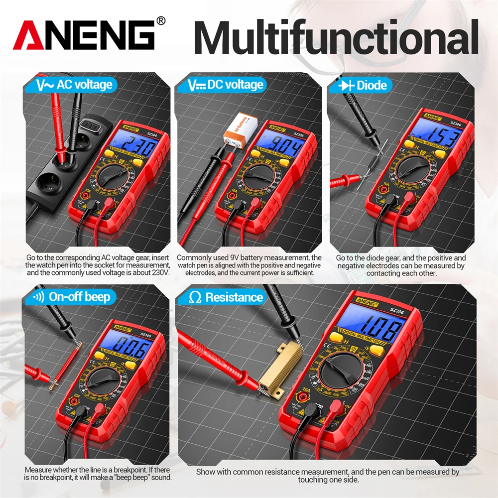 Picture 6: ANENG SZ306 Digital Multimeter 1999 Counts AC DC Voltage Current Resistance Tester Blue Backlight Diode Buzzer Test Voltmeter