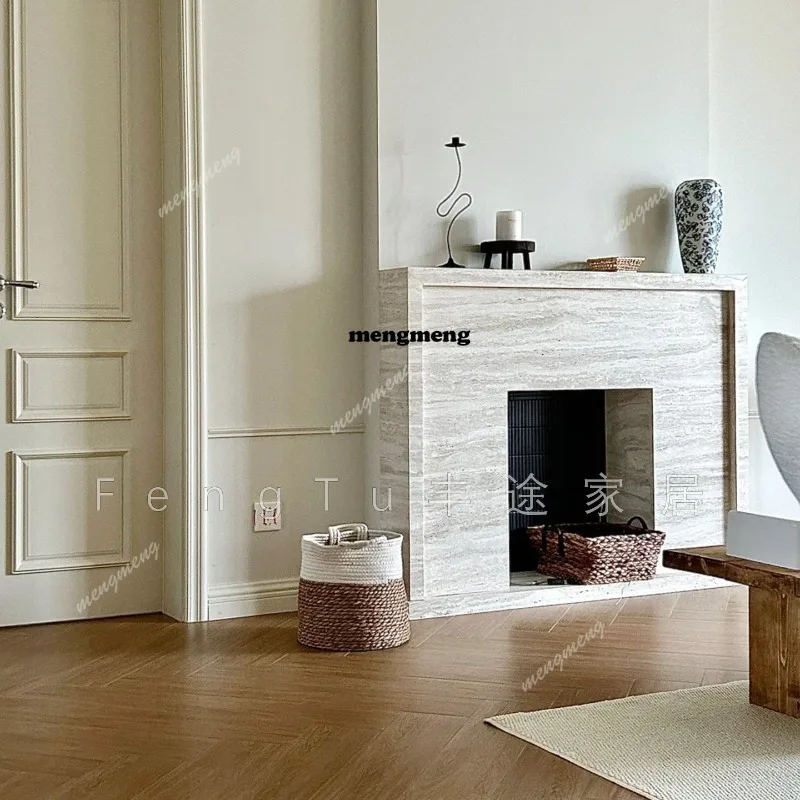 French natural travertine fireplace decorative cabinet simulation fire stone ornament antique living room small fireplace