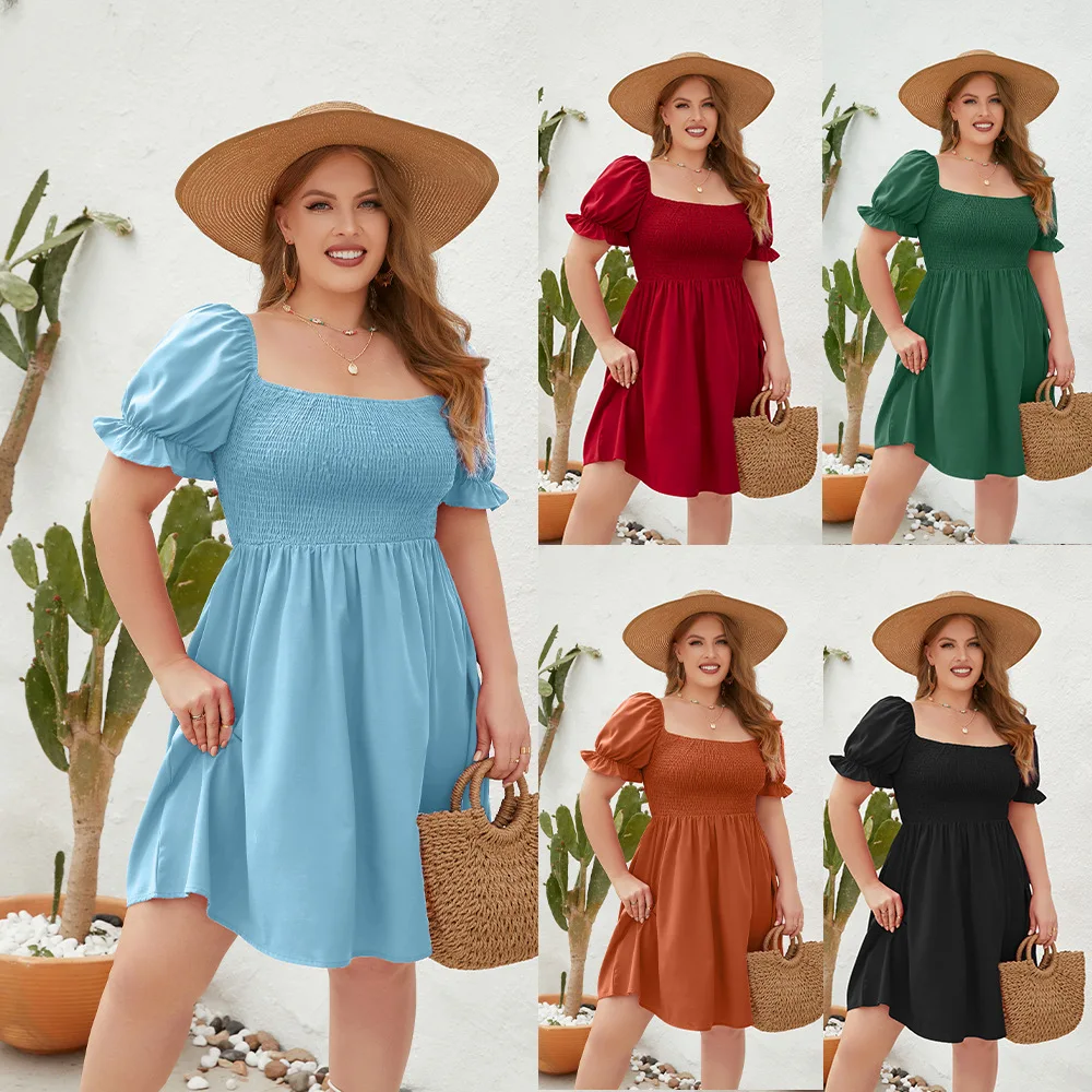 فستان نسائي صيفي قصير مقاس كبير، مقاسات كبيرة، فستان صيفي مثير بياقة مربعة للشاطئ، فساتين كاجوال بأكمام قصيرة منتفخة للعطلات