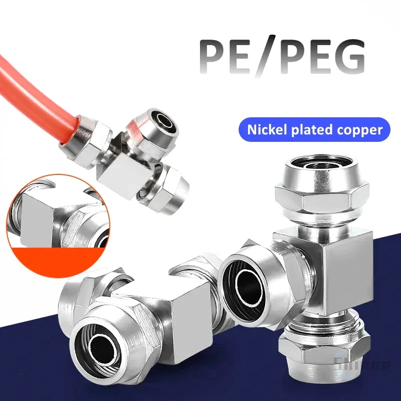 1pcs Nickel plated copper PE PEG 4MM 6 8 10 12 14 16MM Tee Type Push in Fittings Pneumatic For Air Pipe Qucik Connector 6-8-6