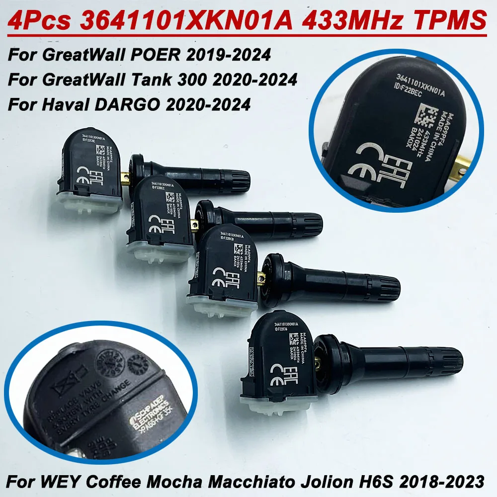 4Pcs 3641101XKN01A 433MHz TPMS Tire Pressure Sensor For Great Wall Haval DARGO Coffee POER WEY VV7 Tank 300 2021 2022 2023 2024