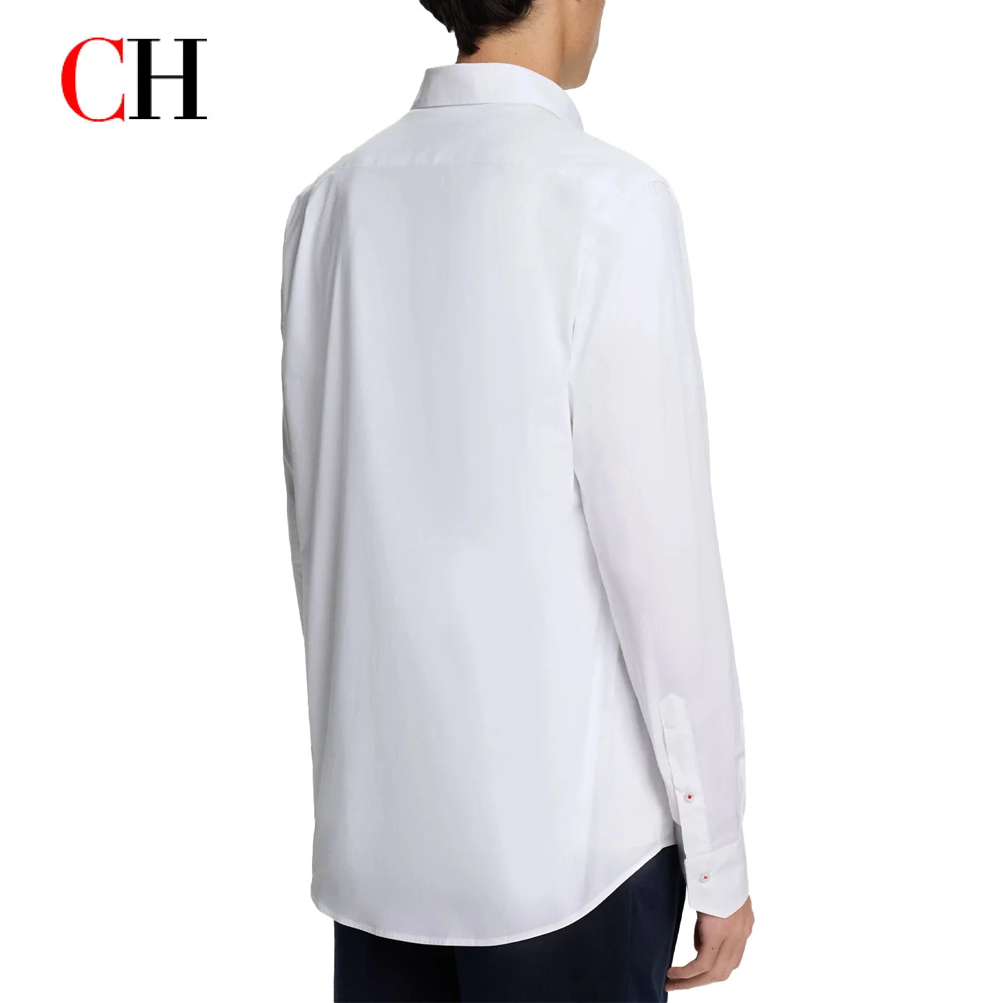 CH Mens Timeless Button Down Collar Low Key Letter Embroidery Clean Curved Hem Long Sleeve Shirt Office Layering Wear