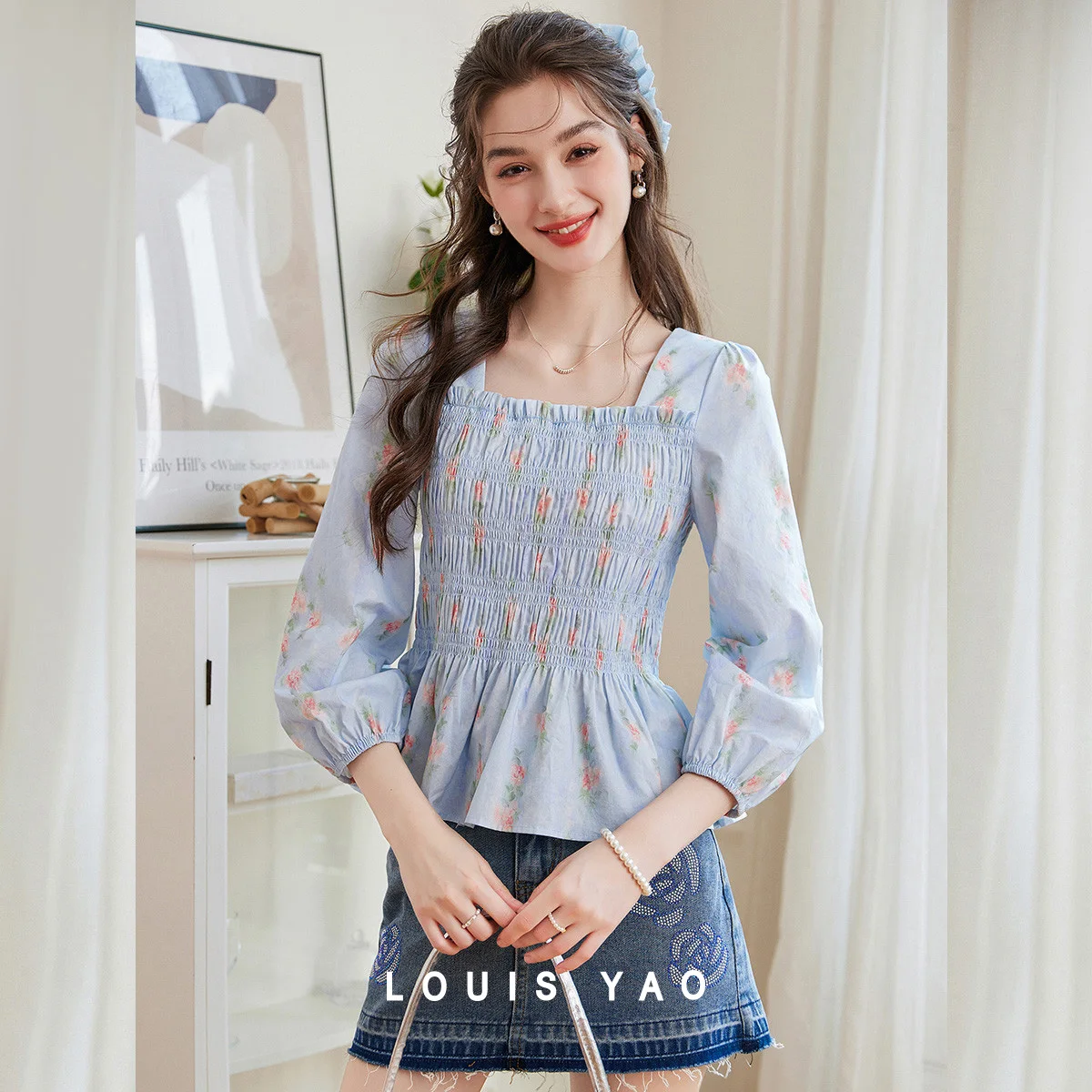 

LOUIS YAO Sweet Printed Women Blouse 2025 Autumn Square Neck Cotton 100% Top Elegant Commuter Printed Slim Long Sleeve Shirt